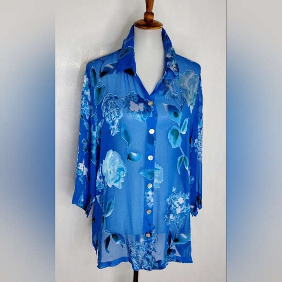 SHEER CUT VELVET BLUE ROSES BLOUSE - Picture 4 of 12